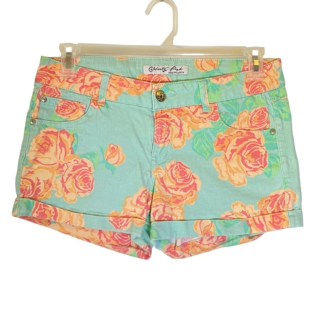 Celebrity Pink Size 11 Rose Teal Blue Floral Print Low Rise Mini Jean Shorts